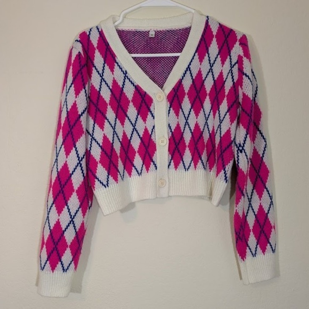 Hot Pink Argyle Cropped Cardigan Sweater Y2K Preppy Coquette Academia Medium
